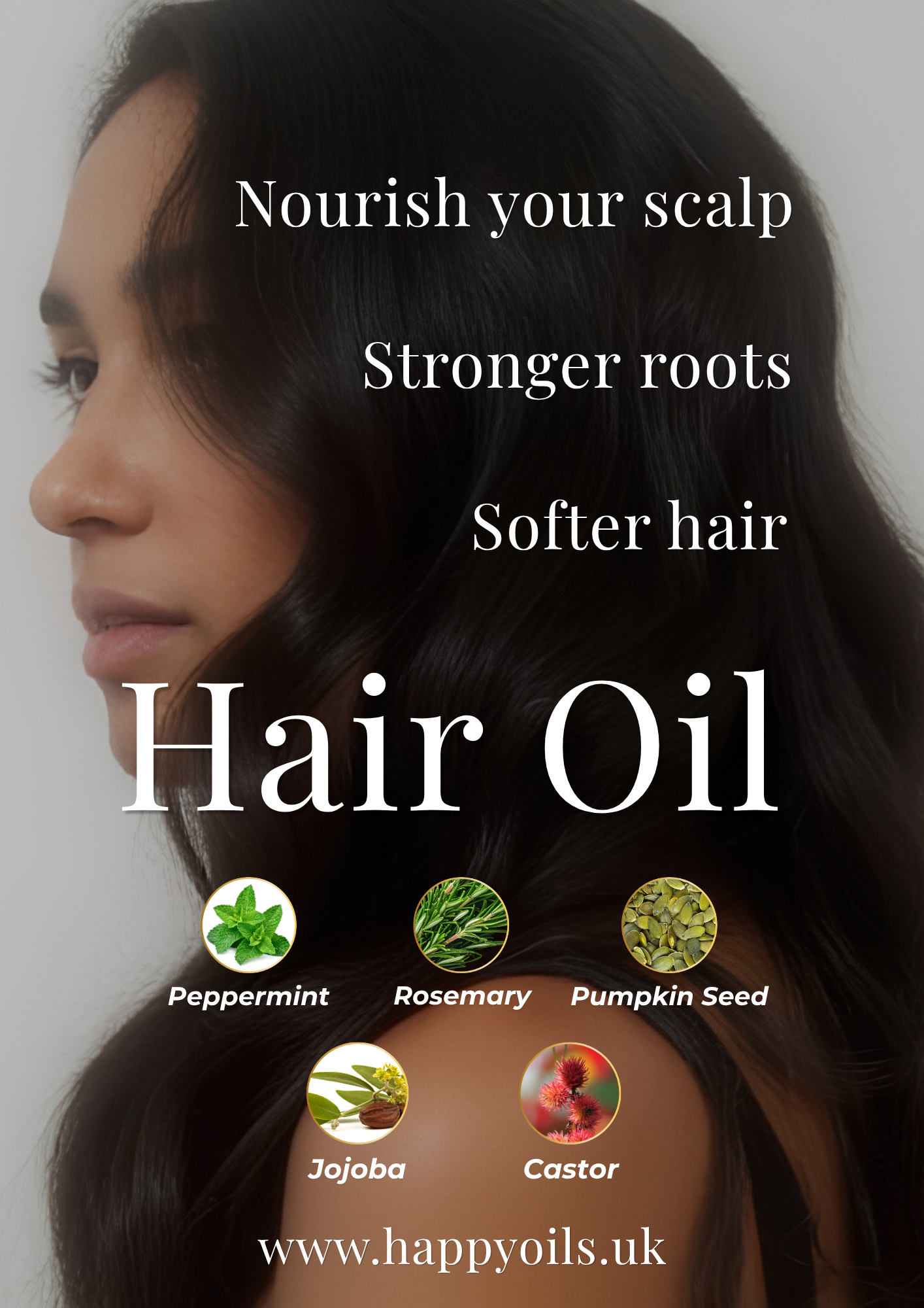 Promotional graphic for hair oil featuring a woman in profile with long dark hair, large white text reading 'Hair Oil,' and ingredient icons for peppermint, rosemary, pumpkin seed, jojoba, and castor oils.