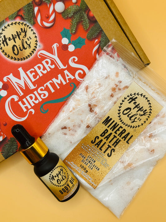 Mini Body Oil 10 ml with Mini Mineral Bath Salts 100g with Christmas Themed Gift Box