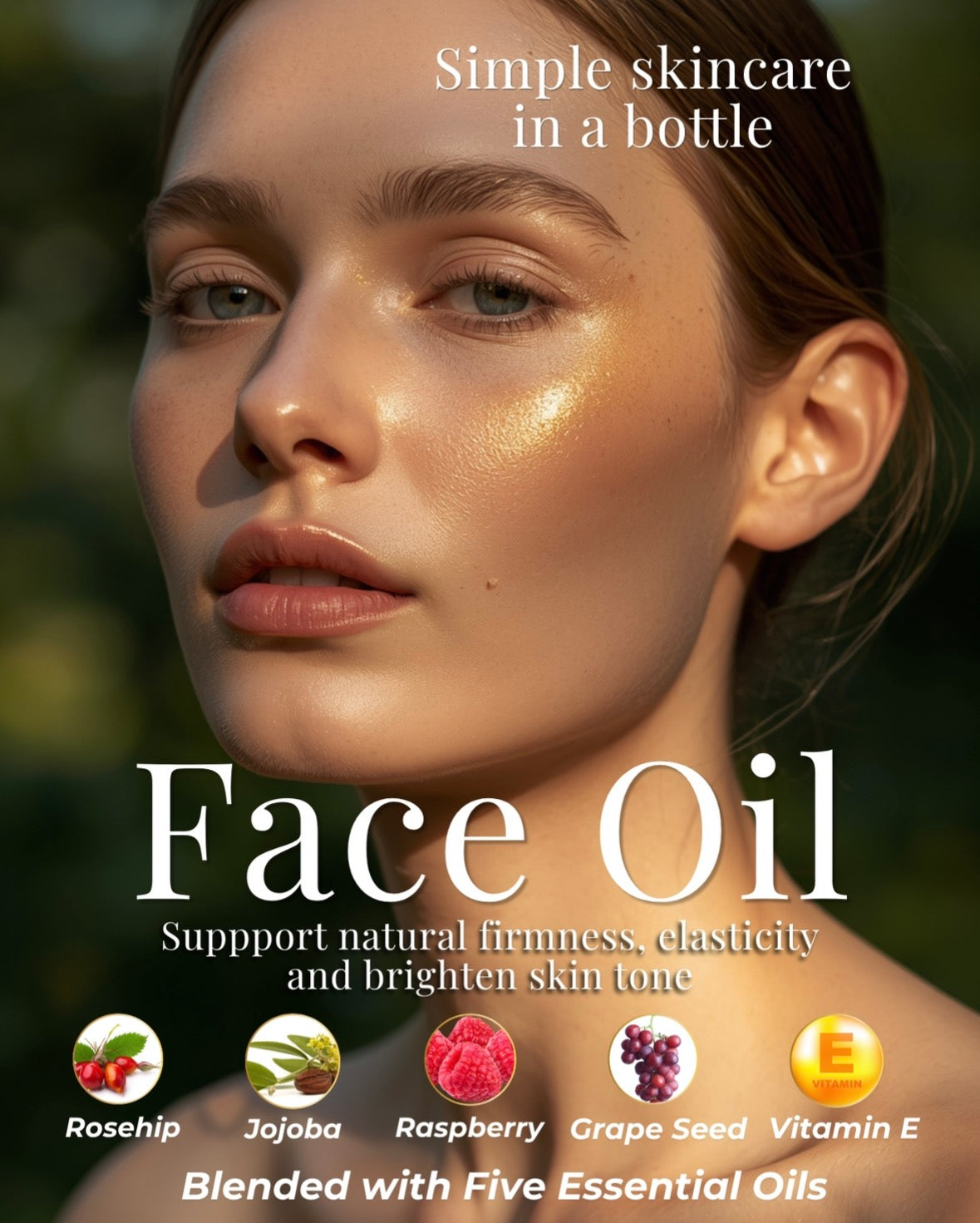 Close-up beauty ad showing a woman's face with radiant golden skin and the text 'Face Oil' over a blurred green outdoor background. Smaller text reads 'Simple skincare in a bottle,' 'Support natural firmness, elasticity and brighten skin tone,' and 'Blended with Five Essential Oils,' with icons for rosehip, jojoba, raspberry, grape seed, and vitamin E.